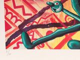 a picture of a painting of a green alien on a wall