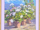 an oil painting of potted flowers on a patio