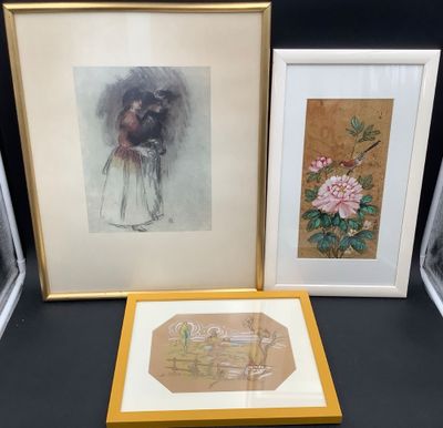 trois reproductions, encadrées et non encadrées, représentant une femme et des fleurs