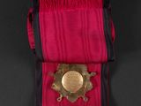 a close up of a red tie with a gold medallion on it