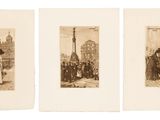 three old photos of people standing in front of a clock tower