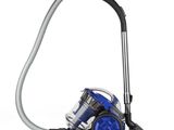 a close up of a blue vacuum cleaner on a white background