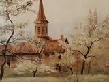 painting of a church with a steeple in the middle of a field