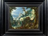 an oil painting of a mountainous landscape with figures in the foreground and a castle in the background