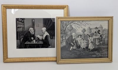 two framed pictures of a man and a woman playing chess