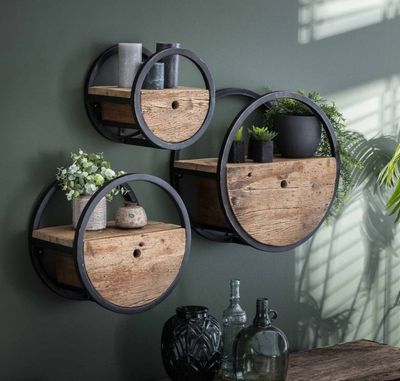 Lot de 3 étagères murales rondes ROUND- en bois brut et méta…