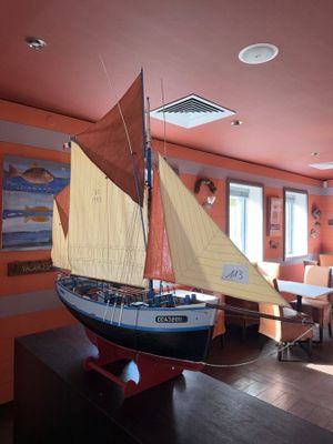 a model of a sailboat on display in a room