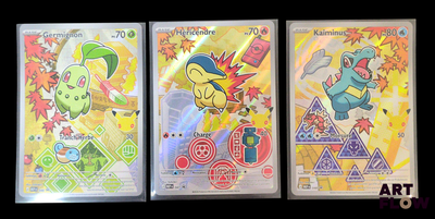 Trois cartes à collectionner Pokémon sont représentées sur un fond noir