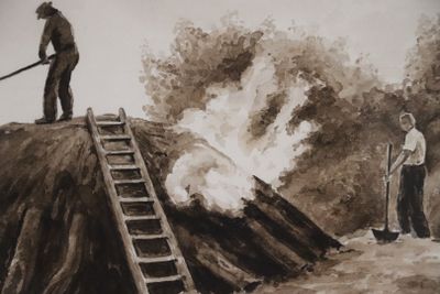 un tableau représentant un homme debout au sommet d'une colline, à côté d'une échelle