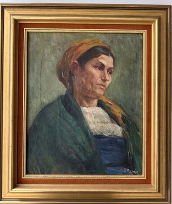 un tableau représentant une femme vêtue d'une veste verte et d'un chapeau rouge
