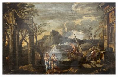 an image of a painting of a man and woman in a boat on a river