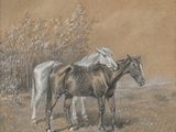 drawing of two horses standing in a field with trees in the background