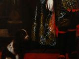 a painting of a man with a dog in front of him
