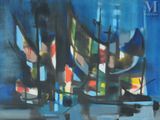 abstract painting of boats in a harbor at night with blue sky
