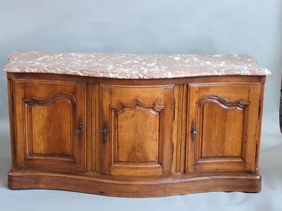 a wooden cabinet with a marble top on a white background