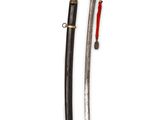 a pair of swords, one of which has a red handle and the other has a black handle