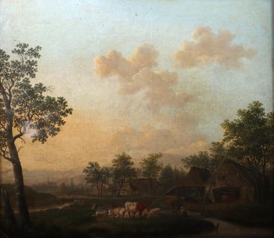 tableau représentant une scène de vie à la ferme avec des vaches paissant dans un pré