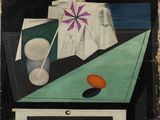 une image représentant un tableau sur lequel on voit une table avec une orange et un verre