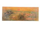 an image of a painting of a sunset with birds flying in the sky