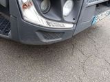 a close up of the front of a truck with a dog in the bed