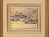 une aquarelle représentant une maison dans un cadre champêtre