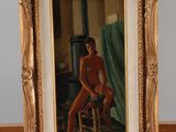 a picture of a painting of a woman sitting on a chair