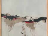 abstract painting of black and white and red paint on a white background