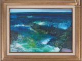 une image représentant une peinture représentant une vague venant s'écraser sur le rivage