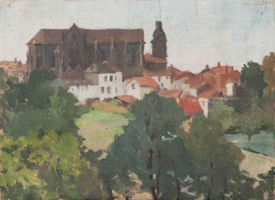 tableau représentant une vue d'une ville avec une église en arrière-plan