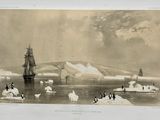 an old picture of a ship in the water with penguins on the ice
