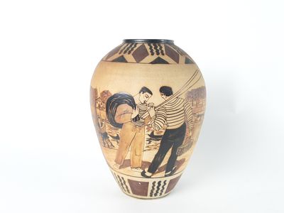 a vase with a picture of a man and a woman on it