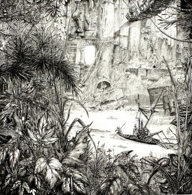 un dessin en noir et blanc d'un bateau dans l'eau