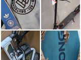 quatre images différentes représentant un skateboard, une trottinette et un sac