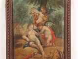 an old painting of a man and a woman on a horse in a wooded area