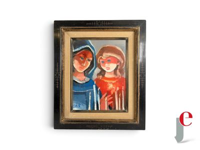 tableau représentant deux femmes en robe bleue et un homme au chapeau rouge
