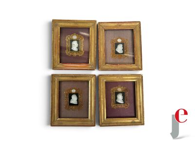 four framed portraits of a woman and a man in a gold frame