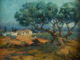 an oil painting of a man sitting under a tree in a field