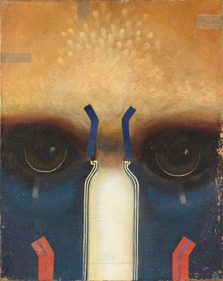 an image of a painting of a man ' s face with a bottle in his mouth