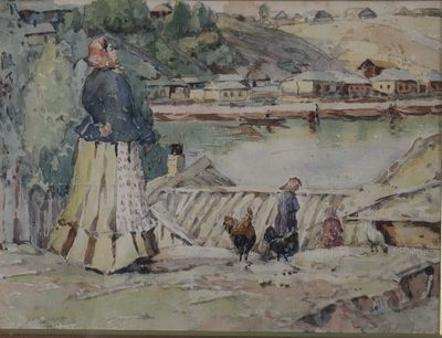 un tableau représentant un homme et une femme marchant au bord d'une rivière