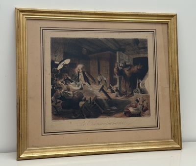 an image of a painting of a group of animals in a barn