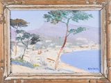 an image of a painting of a beach scene in a wooden frame