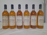 six bottles of whiskey lined up on a table