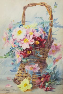 tableau représentant un panier de fleurs posé sur une table près d'un mur
