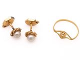 two pairs of gold and pearl earrings and a ring