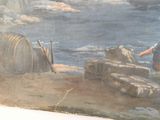 un tableau représentant un homme et un chien sur la plage