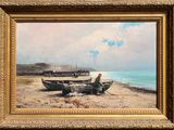 an image of a painting of a man sitting on a beach next to a boat