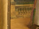 an oil painting of a woman in a white dress holding a green umbrella