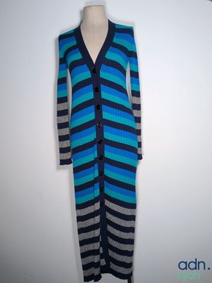 a woman ' s blue and black striped dress on a mannequin mannequin
