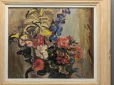a painting of flowers in a vase on a table