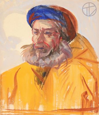 an oil painting of a man in a yellow jacket and blue hat